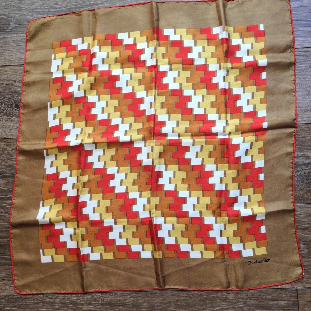 Vtg Christian Dior Silk Scarf Brown Red Geometric Brick Logo Italy Made 26in